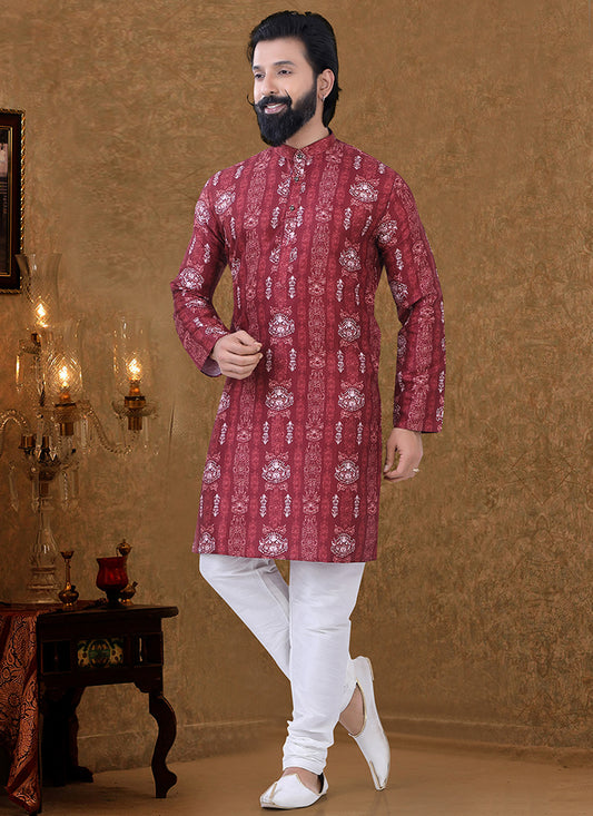 Red Cotton Printed Mens Kurta Pyjama Set