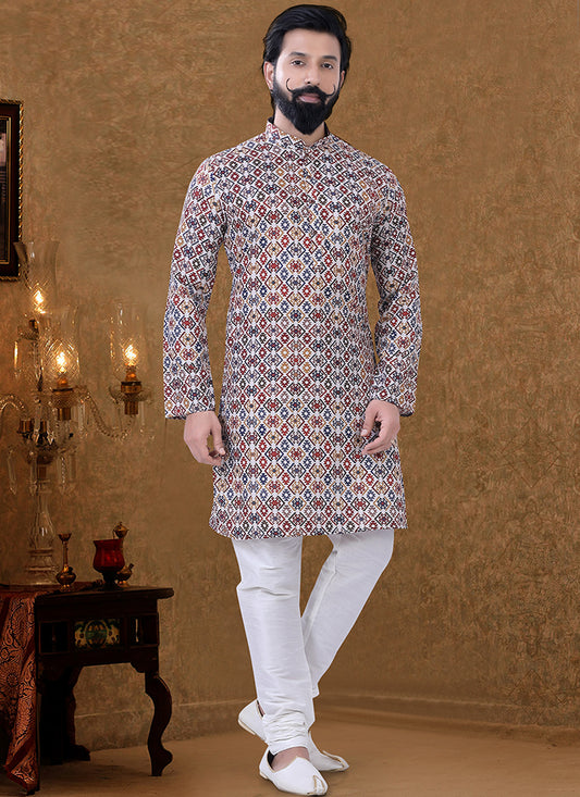 White Cotton Printed Mens Kurta Pyjama Set