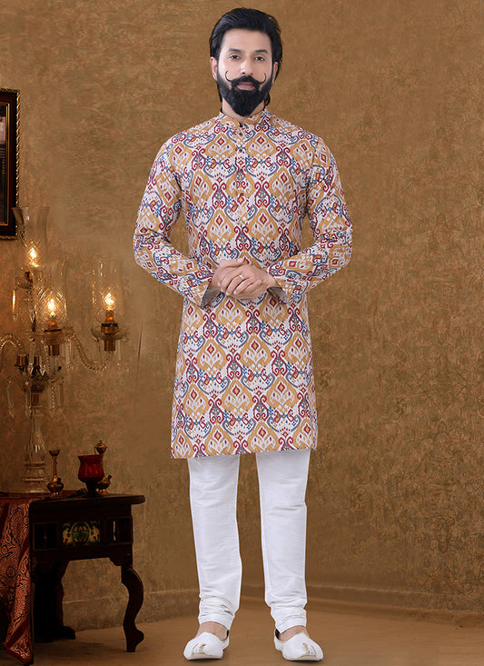 Cream Cotton Printed Mens Kurta Pyjama Set