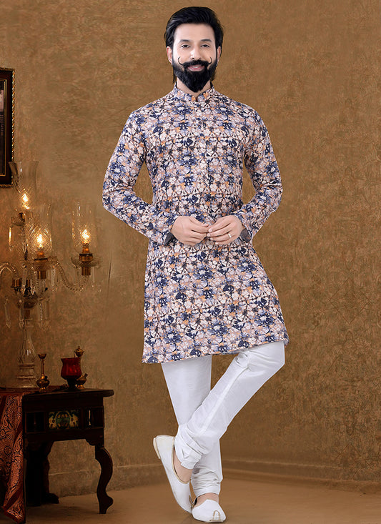 Cream Cotton Printed Mens Kurta Pyjama Set
