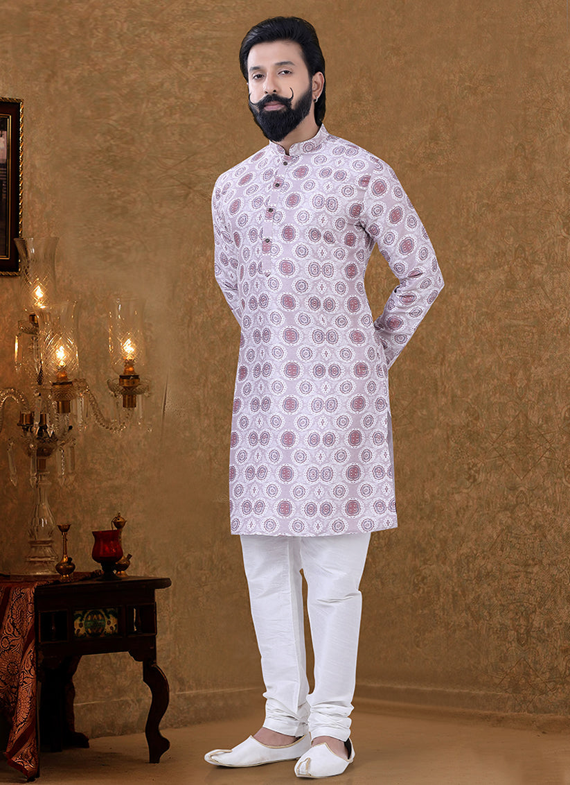 Grey Cotton Printed Mens Kurta Pyjama Set