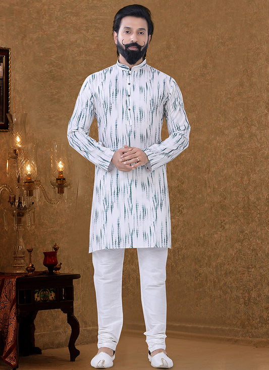 White Cotton Printed Mens Kurta Pyjama Set