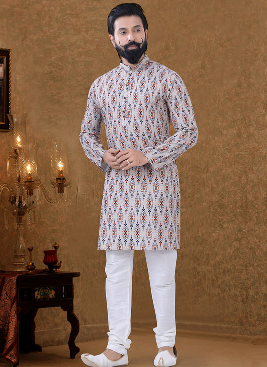 Grey Cotton Printed Mens Kurta Pyjama Set