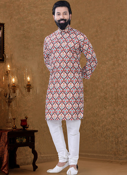 Cream Cotton Printed Mens Kurta Pyjama Set
