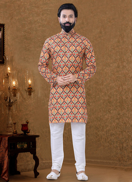 Yellow Cotton Printed Mens Kurta Pyjama Set