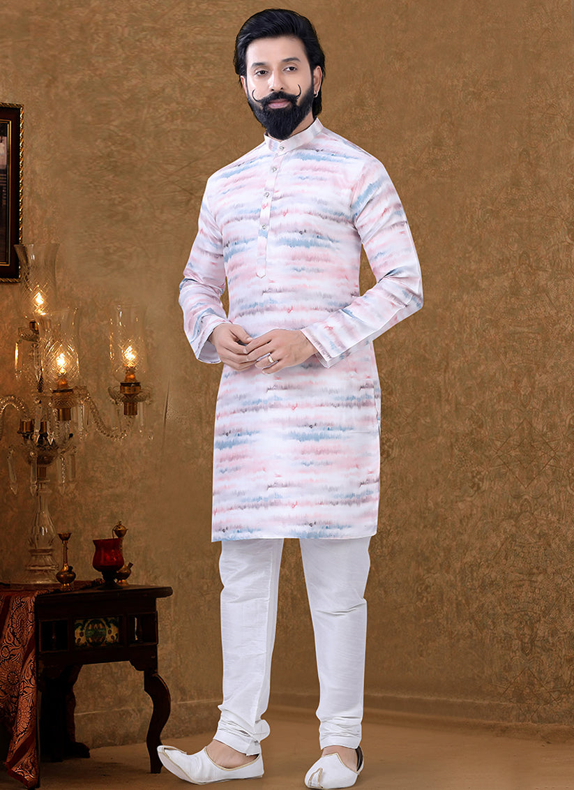 White Cotton Printed Mens Kurta Pyjama Set