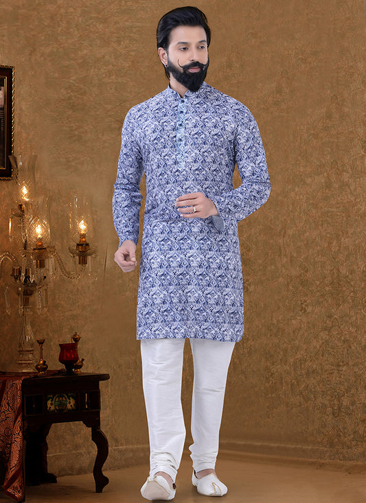 Blue Cotton Printed Mens Kurta Pyjama Set