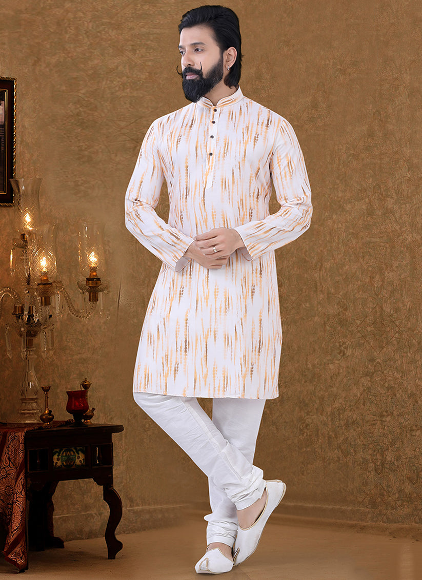 Cream Cotton Printed Mens Kurta Pyjama Set