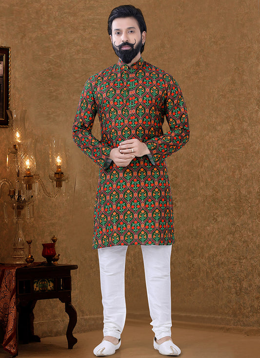 Black Cotton Printed Mens Kurta Pyjama Set