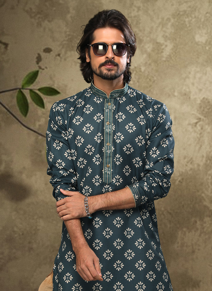 Slate Grey Handloom Cotton Mens Kurta Pyjama Set