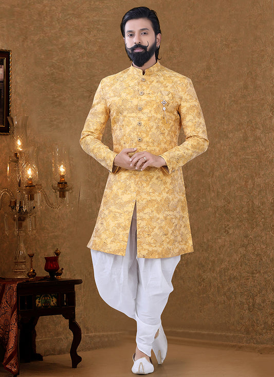 Yellow Jacquard Mens Indo Western