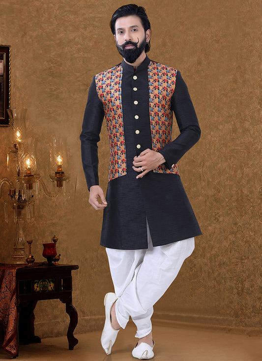 Navy Blue Silk Mens Indo Western