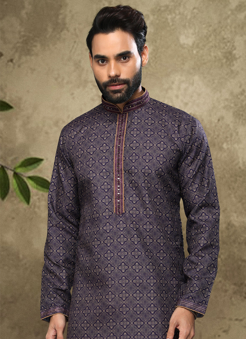 Navy Blue Handloom Cotton Mens Kurta Pyjama Set