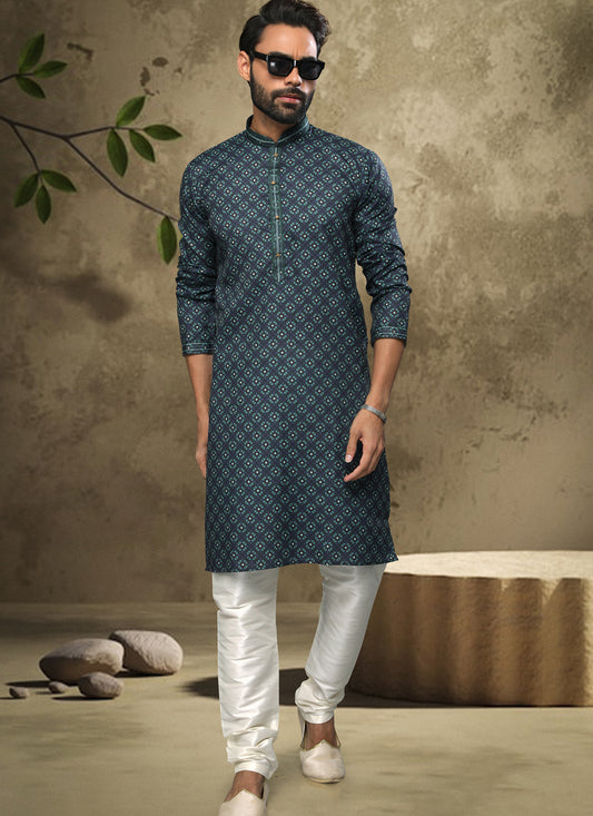 Pine Green Handloom Cotton Mens Kurta Pyjama Set