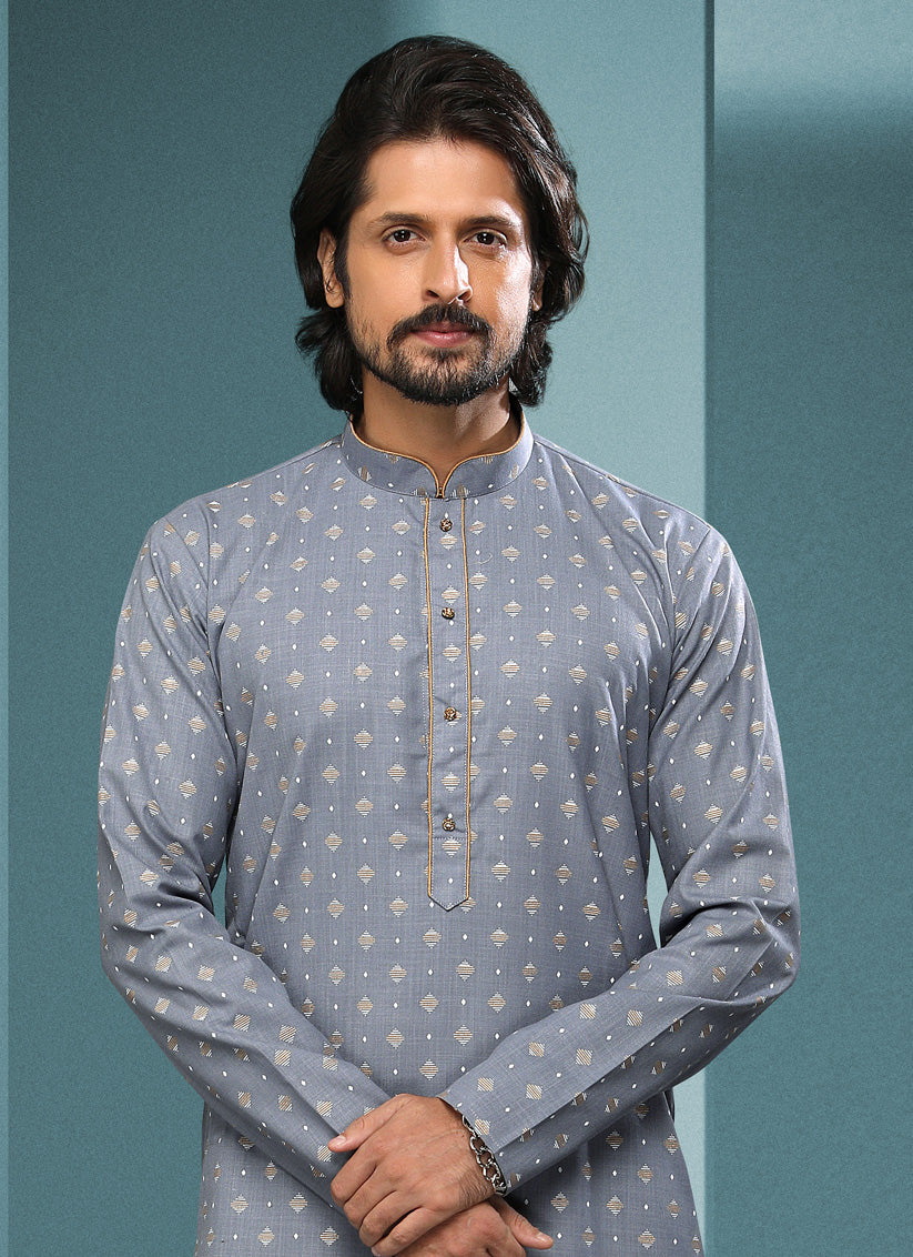 Grey Handloom Cotton Printed Mens Kurta Pyjama Set