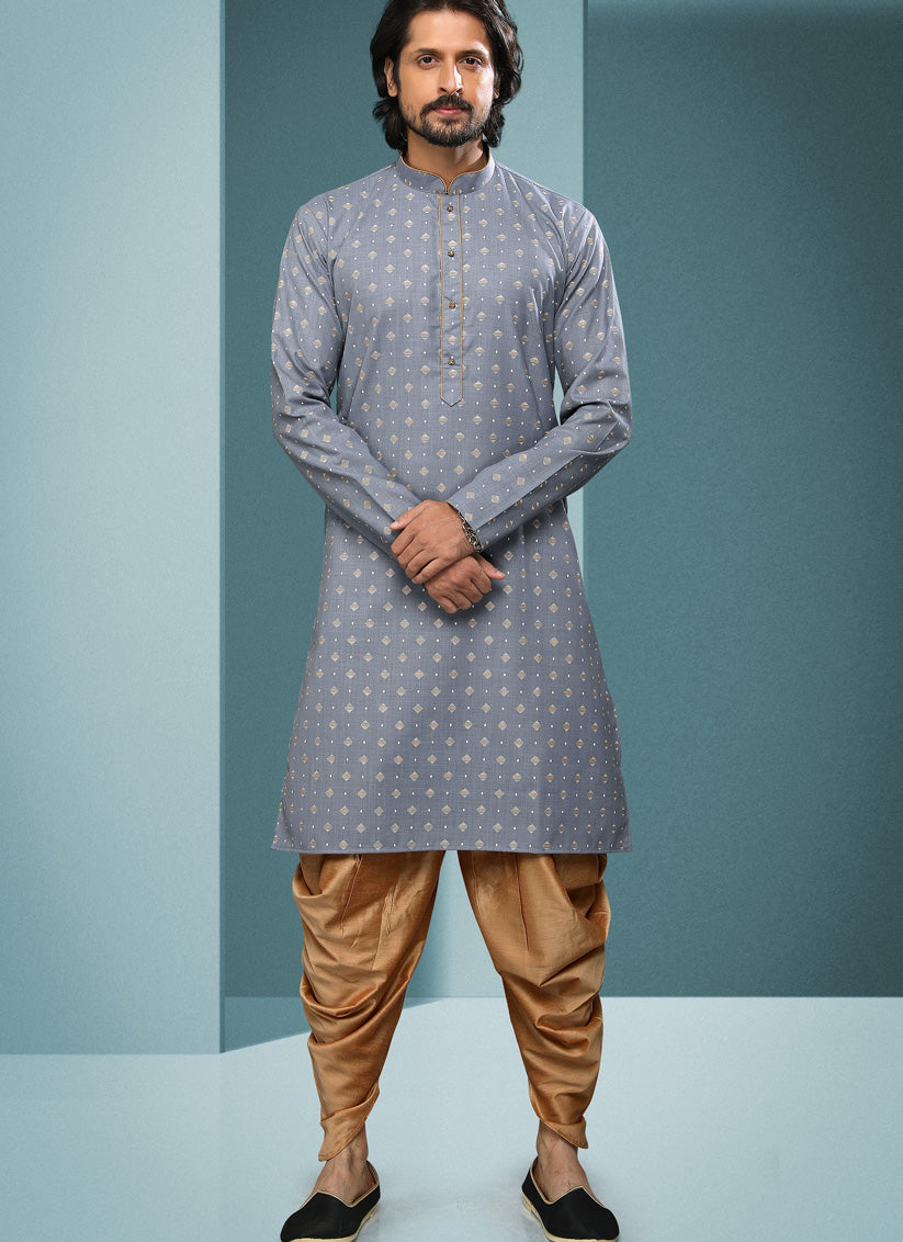 Grey Handloom Cotton Printed Mens Kurta Pyjama Set