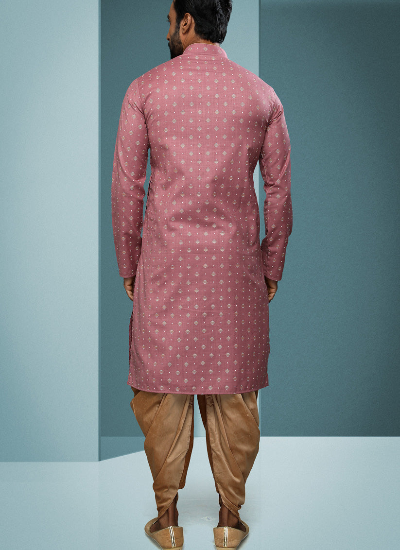 Old Rose Handloom Cotton Printed Mens Kurta Pyjama Set