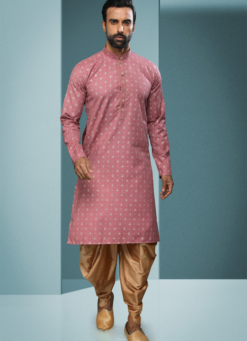 Old Rose Handloom Cotton Printed Mens Kurta Pyjama Set