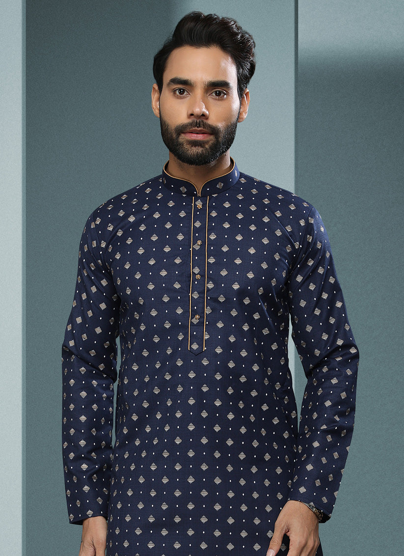 Navy Blue Handloom Cotton Printed Mens Kurta Pyjama Set