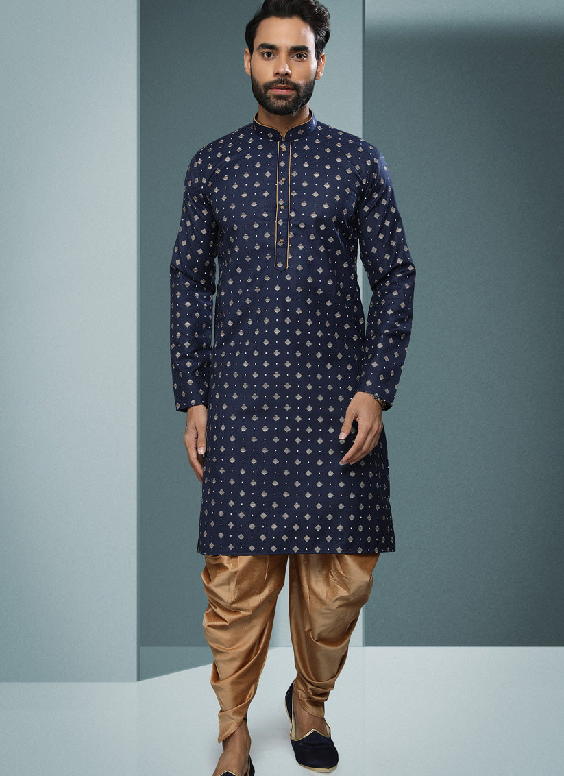 Navy Blue Handloom Cotton Printed Mens Kurta Pyjama Set