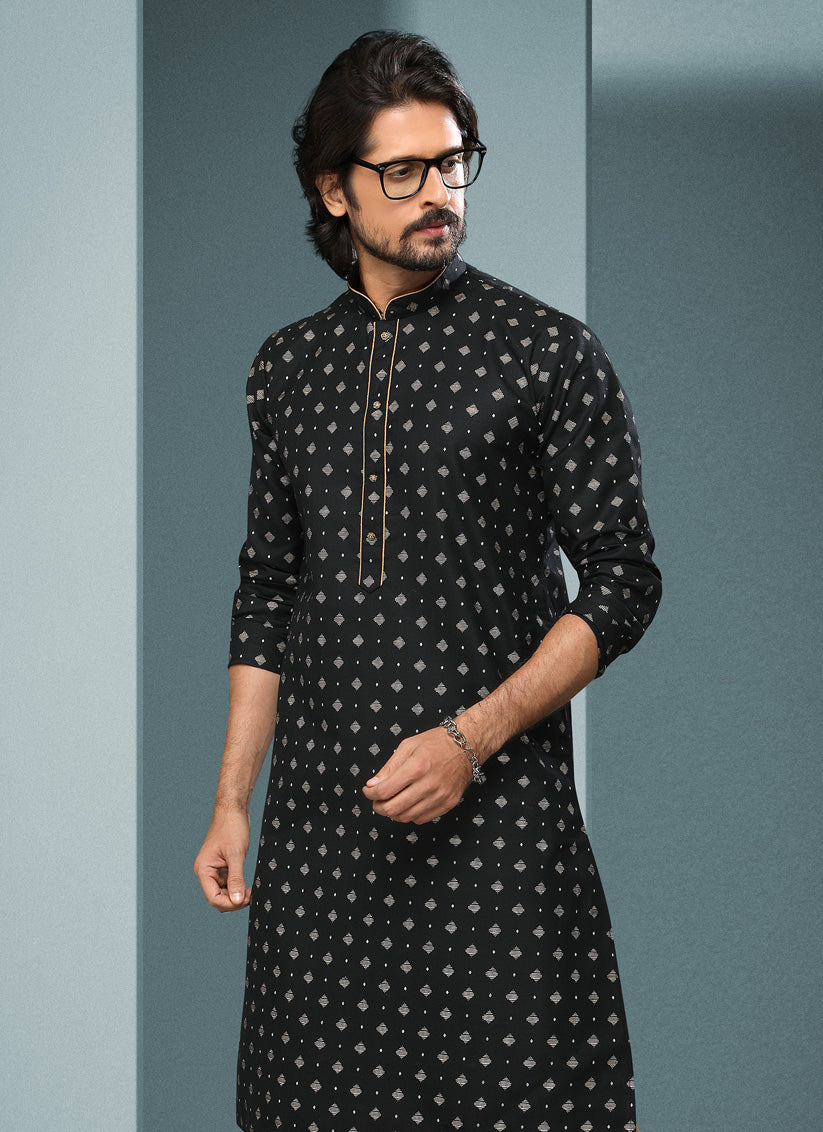 Black Handloom Cotton Printed Mens Kurta Pyjama Set