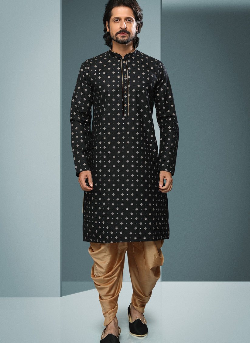 Black Handloom Cotton Printed Mens Kurta Pyjama Set