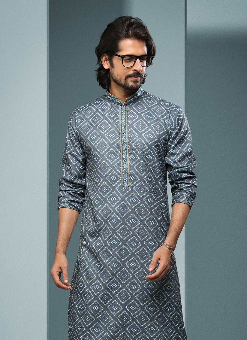 Slate Grey Handloom Cotton Printed Mens Kurta Pyjama Set