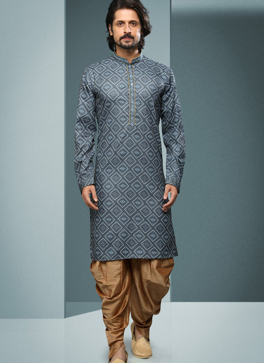 Slate Grey Handloom Cotton Printed Mens Kurta Pyjama Set