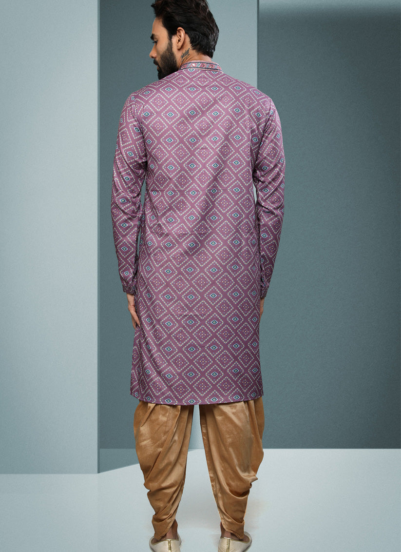 Lilac Pink Handloom Cotton Printed Mens Kurta Pyjama Set