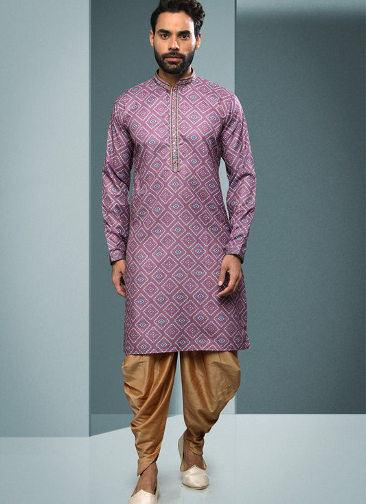 Lilac Pink Handloom Cotton Printed Mens Kurta Pyjama Set