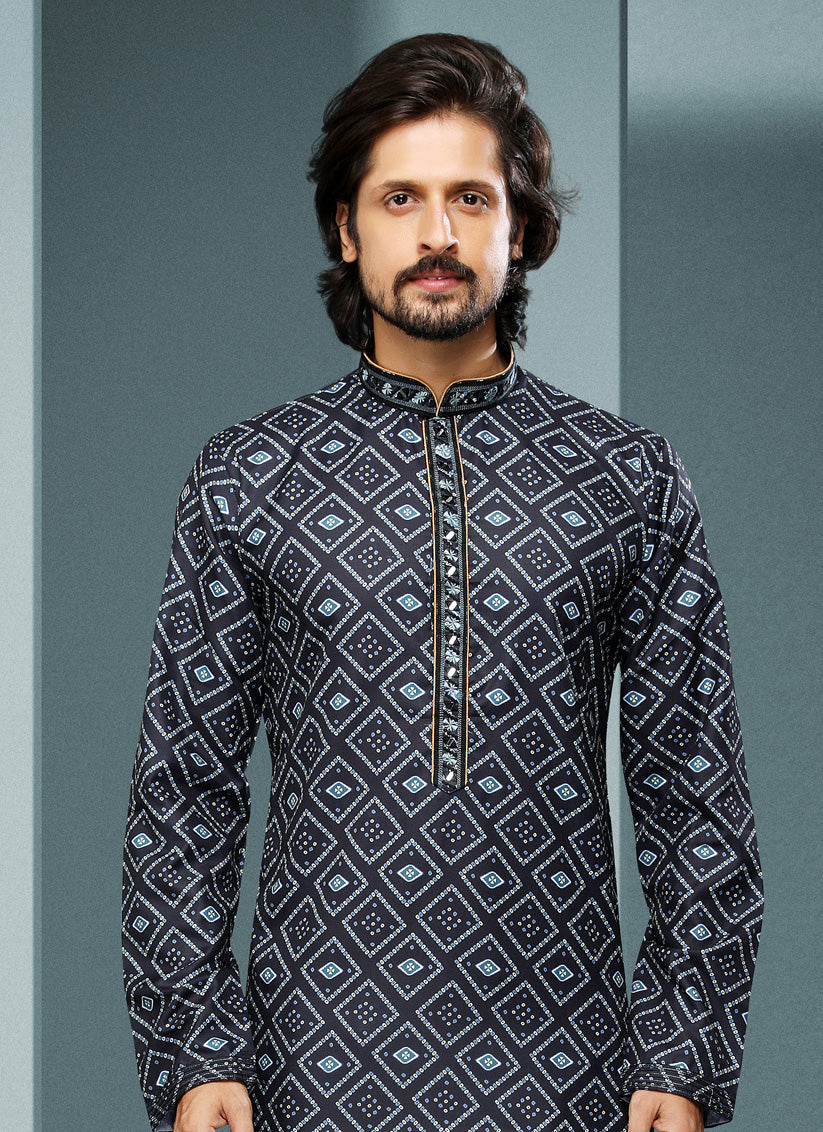 Black Handloom Cotton Printed Mens Kurta Pyjama Set