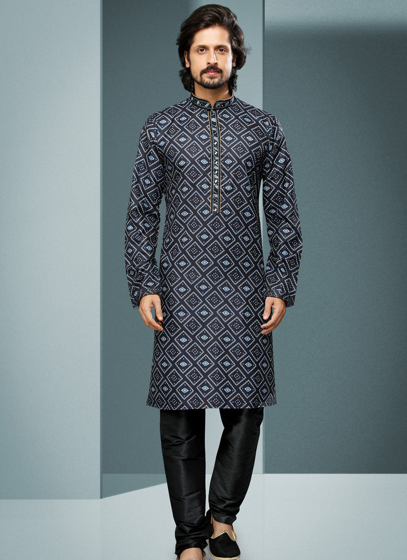 Black Handloom Cotton Printed Mens Kurta Pyjama Set