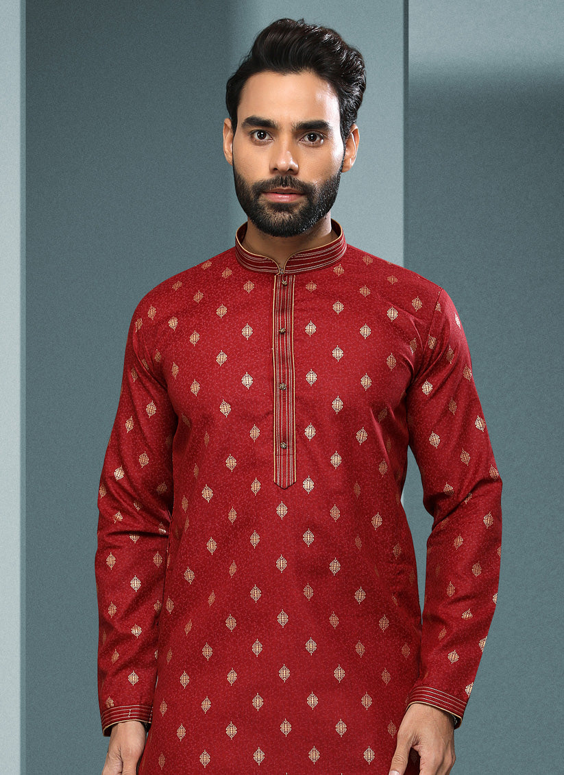 Rust Maroon Handloom Cotton Printed Mens Kurta Pyjama Set