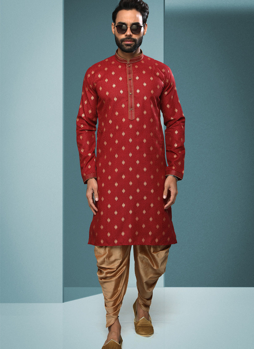 Rust Maroon Handloom Cotton Printed Mens Kurta Pyjama Set