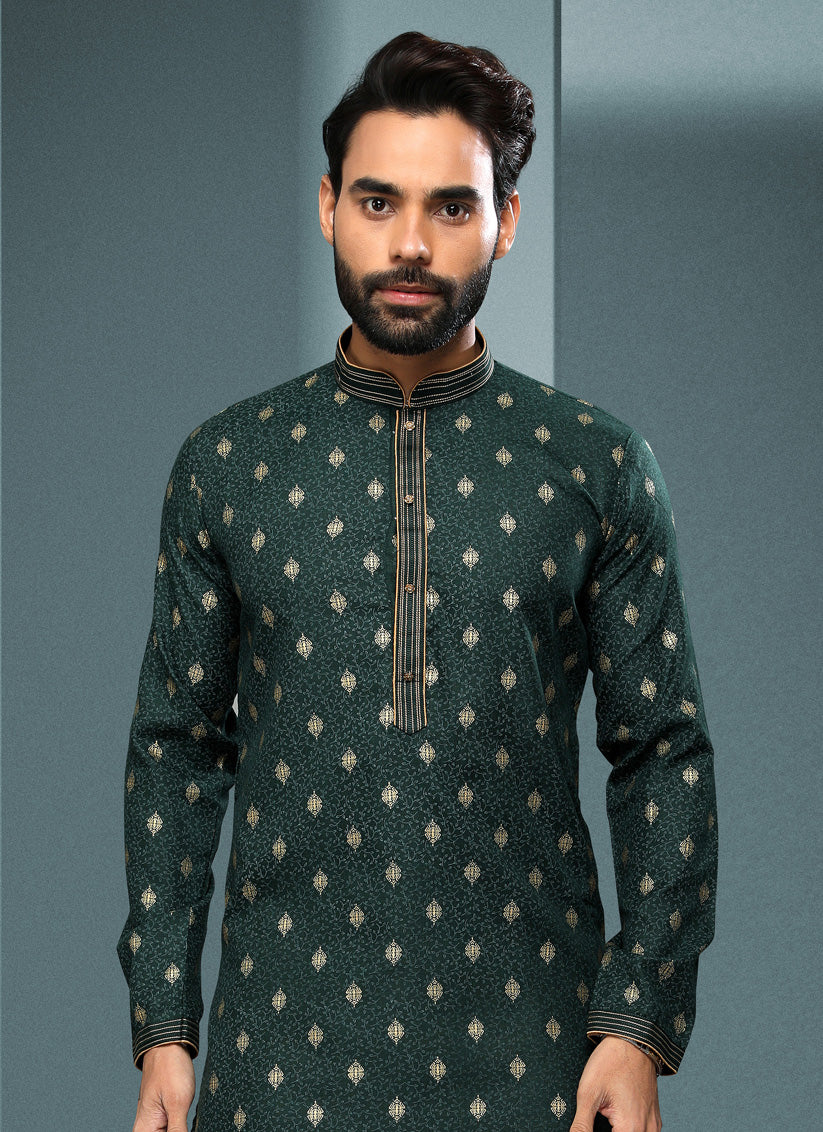 Pine Green Handloom Cotton Printed Mens Kurta Pyjama Set