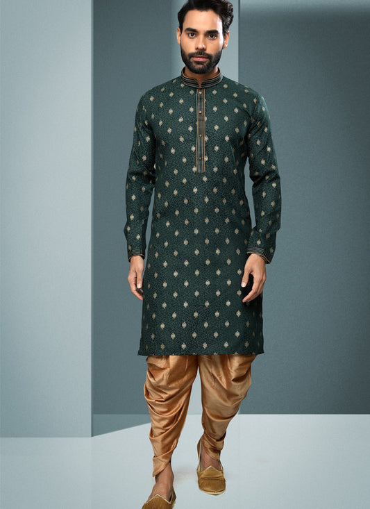 Pine Green Handloom Cotton Printed Mens Kurta Pyjama Set