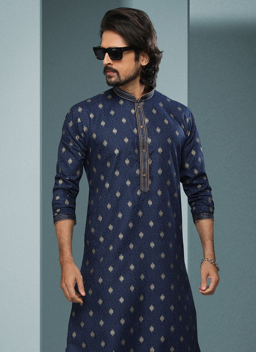 Navy Blue Handloom Cotton Printed Mens Kurta Pyjama Set