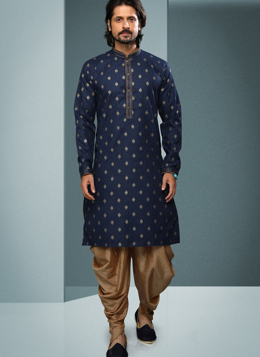 Navy Blue Handloom Cotton Printed Mens Kurta Pyjama Set