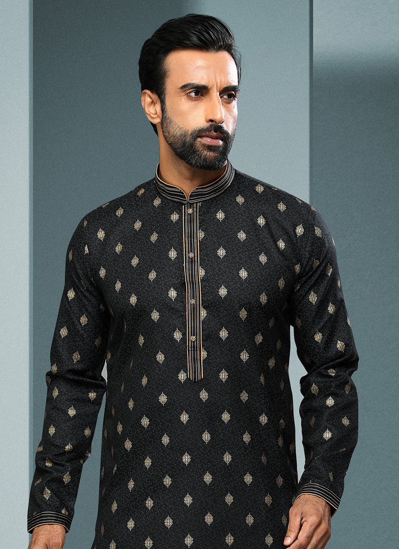 Black Handloom Cotton Printed Mens Kurta Pyjama Set