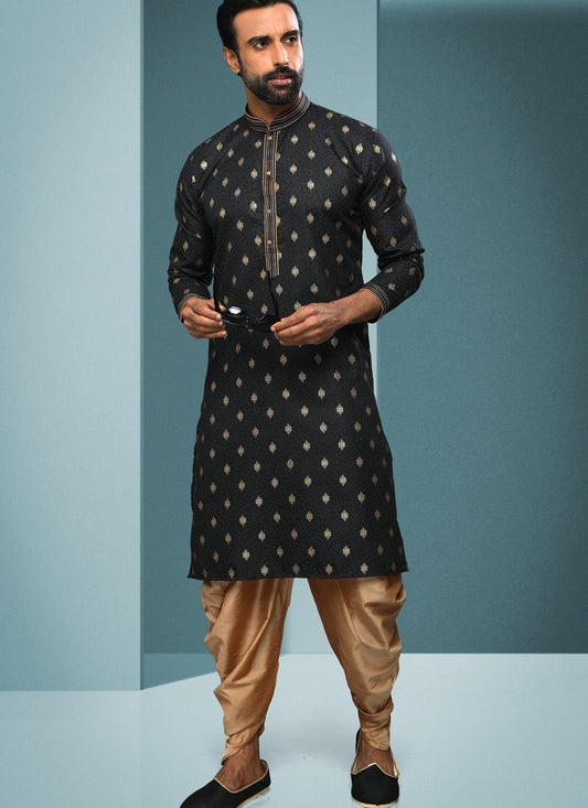 Black Handloom Cotton Printed Mens Kurta Pyjama Set