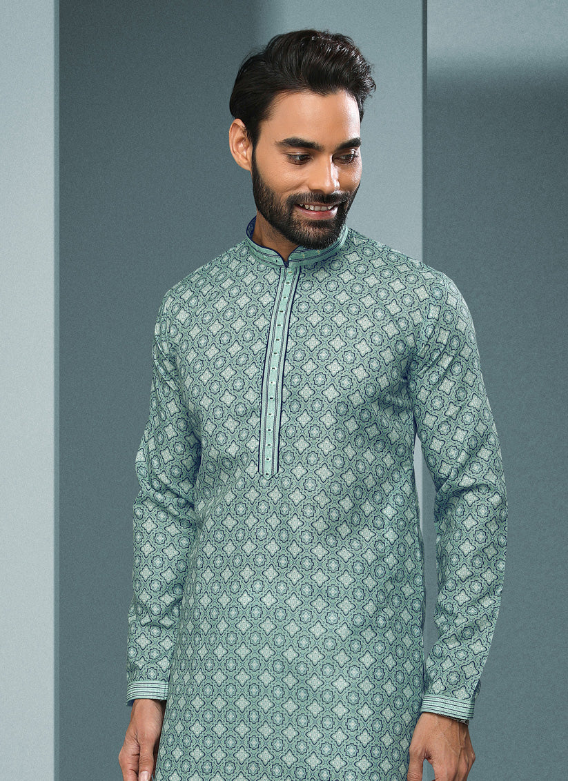 Teal Mint Handloom Cotton Printed Mens Kurta Pyjama Set