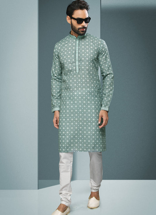 Teal Mint Handloom Cotton Printed Mens Kurta Pyjama Set