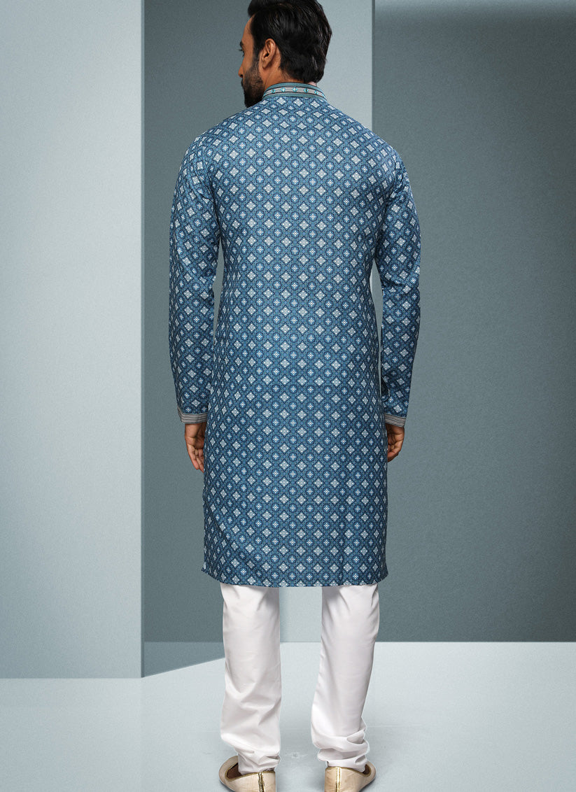 Peacock Blue Handloom Cotton Printed Mens Kurta Pyjama Set