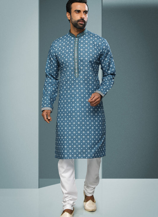 Peacock Blue Handloom Cotton Printed Mens Kurta Pyjama Set