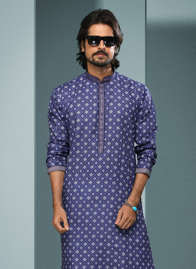 Violet Blue Handloom Cotton Printed Mens Kurta Pyjama Set