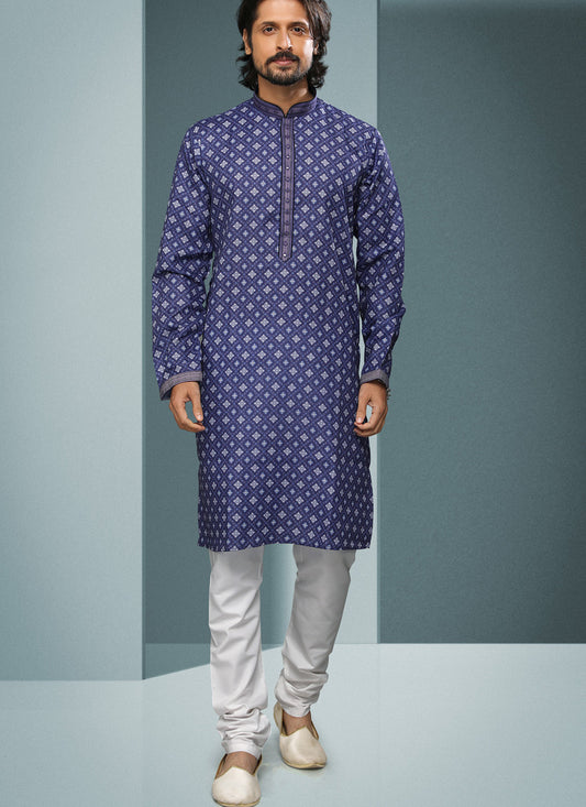 Violet Blue Handloom Cotton Printed Mens Kurta Pyjama Set