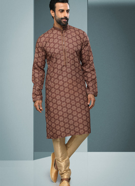 Brown Handloom Cotton Printed Mens Kurta Pyjama Set