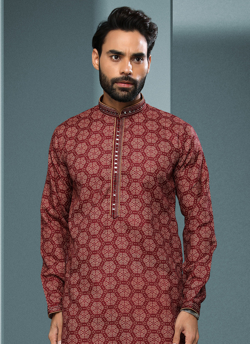 Maroon Handloom Cotton Printed Mens Kurta Pyjama Set