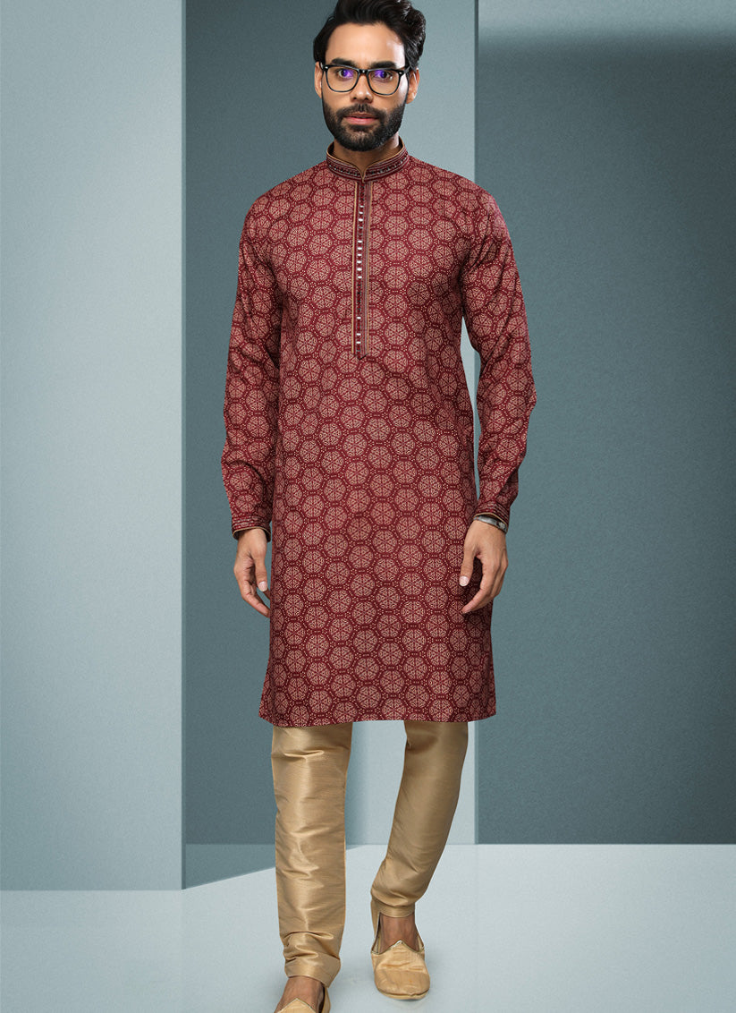 Maroon Handloom Cotton Printed Mens Kurta Pyjama Set