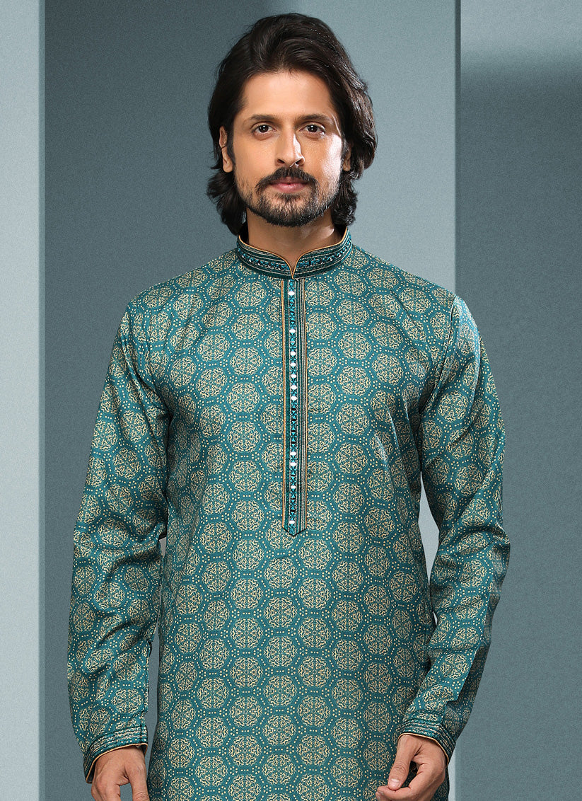 Rama Green Handloom Cotton Printed Mens Kurta Pyjama Set